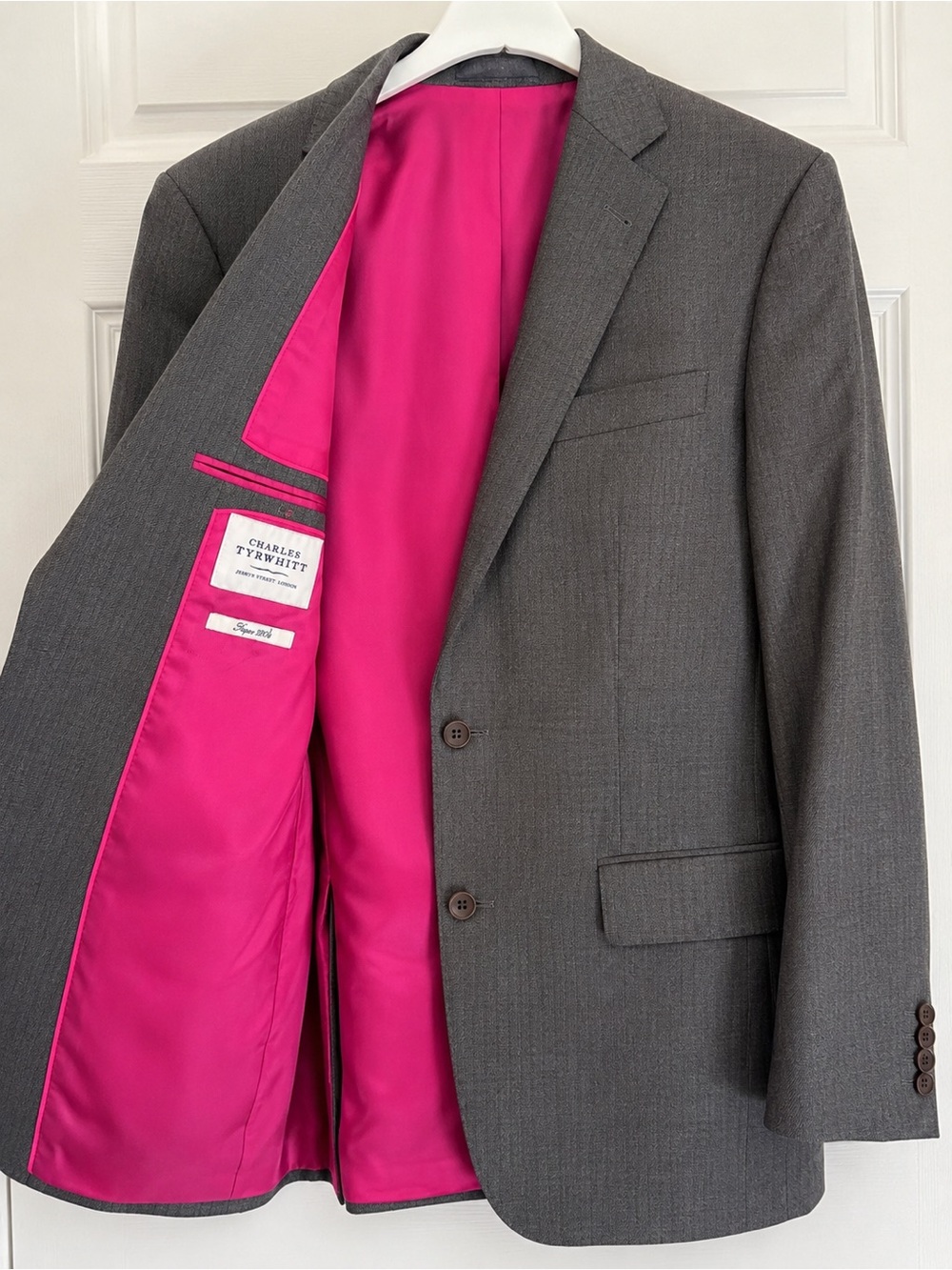 Charles Tyrwhitt 100% Wool Blazer Gray Pink Lining Tailored Jacket 38R